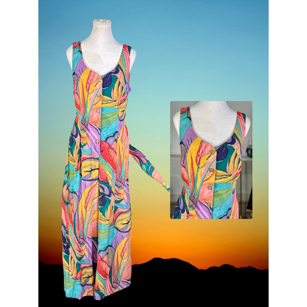 Vintage 80s Private Club Tropical Deep Back Tie Detail Palazzo Pants Jumpsuit M